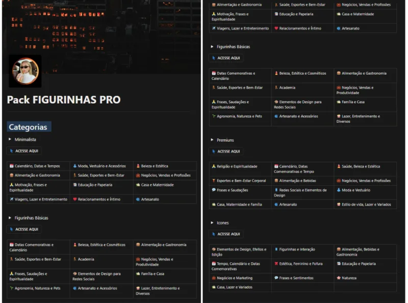 Biblioteca do Pack Figurinhas Pro organizada por categorias