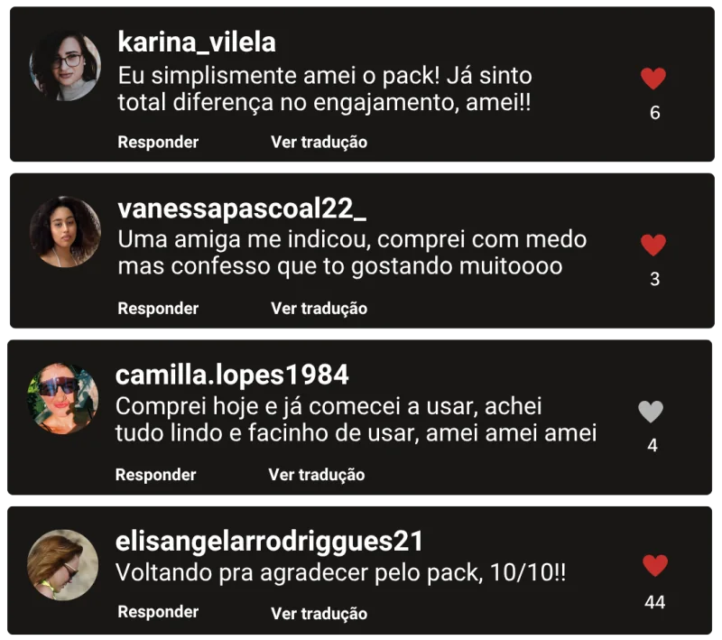 Quatro depoimentos de clientes do Pack Figurinhas Pro